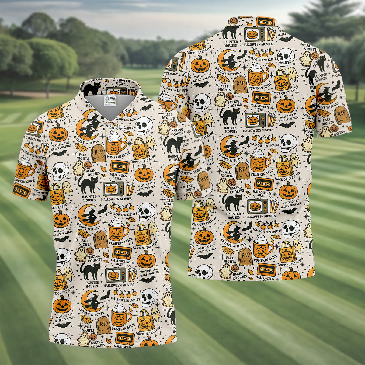 Spooky Witches, Spooky Cat, Cute Halloween T-Shirts, Mens Golf Polo Shirt Golfing Apparel