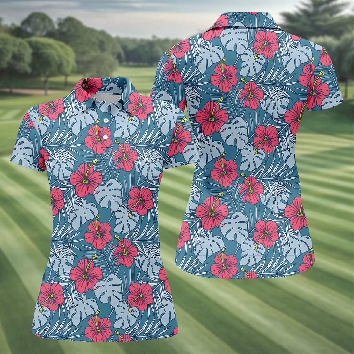 Hibiscus Flower And Leaf Patterned Golf Shirts, Womens Golf Polo Shirt Tropical Golf Shirts