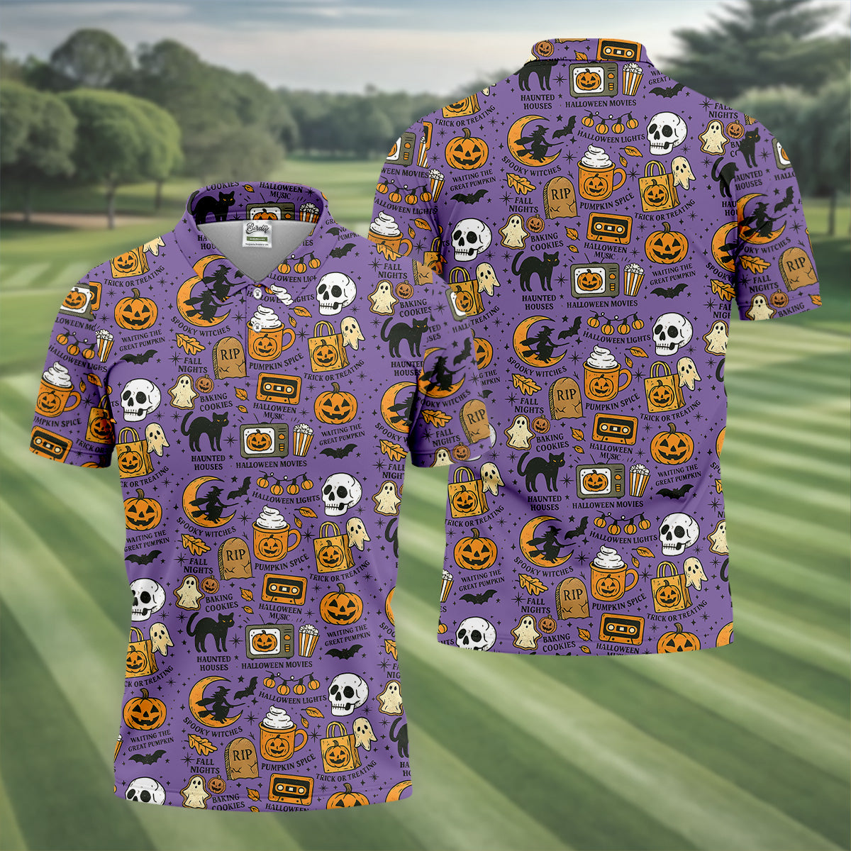 Purple Halloween Skull Golf Shirt, Spooky Cat, Mens Golf Polo Shirt Halloween Theme Shirts, Golfing Apparel
