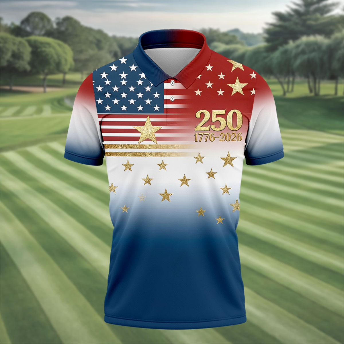 250 Years 1776-2026 Golden Star Golf Shirts For Men, Patriotic 4th Of July Polo ShirtFor Men