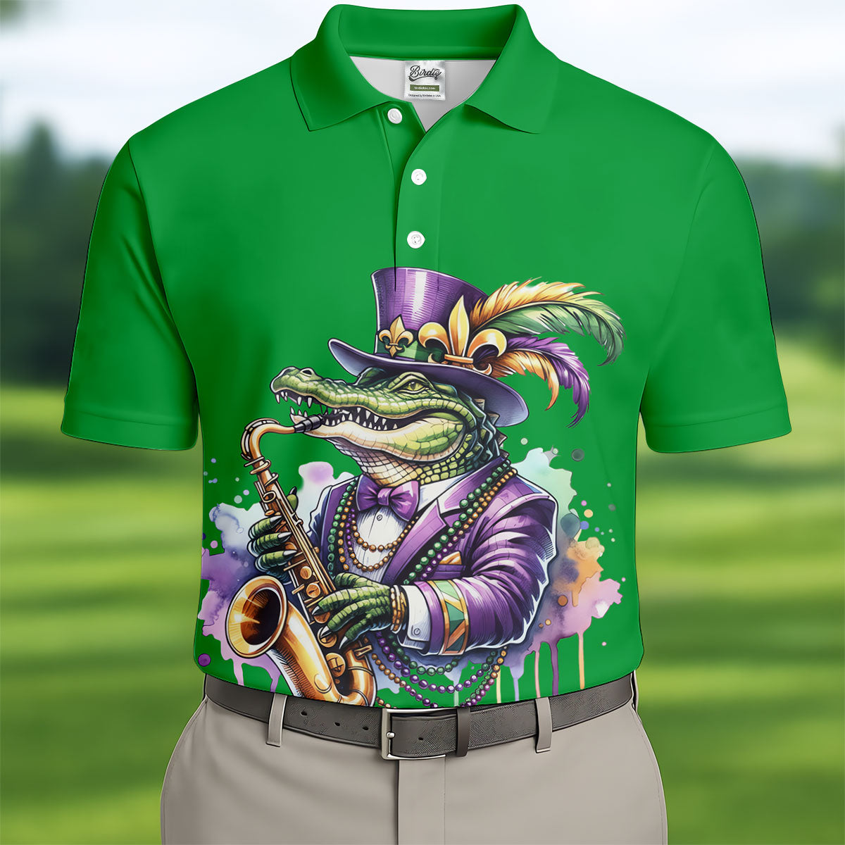 Mardi Gras Alligator Playing Saxophone Green Golf Shirt, Golf Shirts For Men, Polo ShirtFor Men