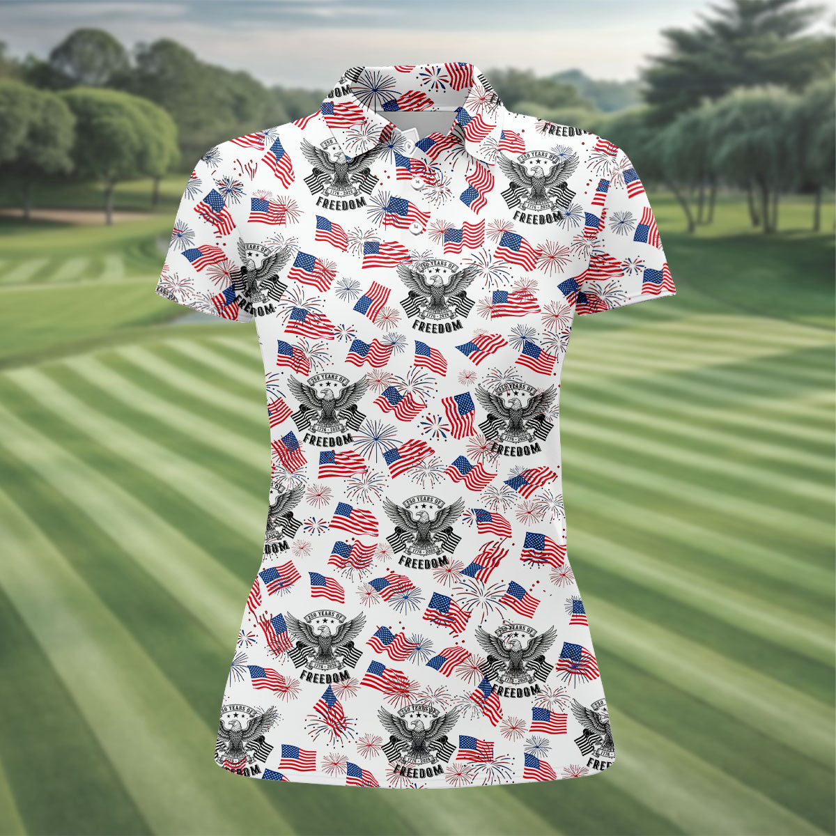 250 Years Of Freedom Festive Flag Vintage White Golf Shirt, Patriotic 4th Of July Golf Shirt For Women