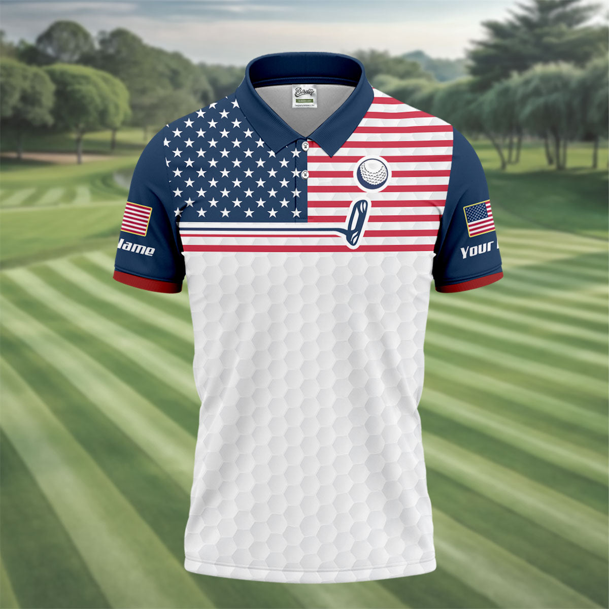 Patriot American Flag Golf Putter Golf Ball Pattern Golf Tops For Men, 250th Anniversary Patriotic Golf Shirt