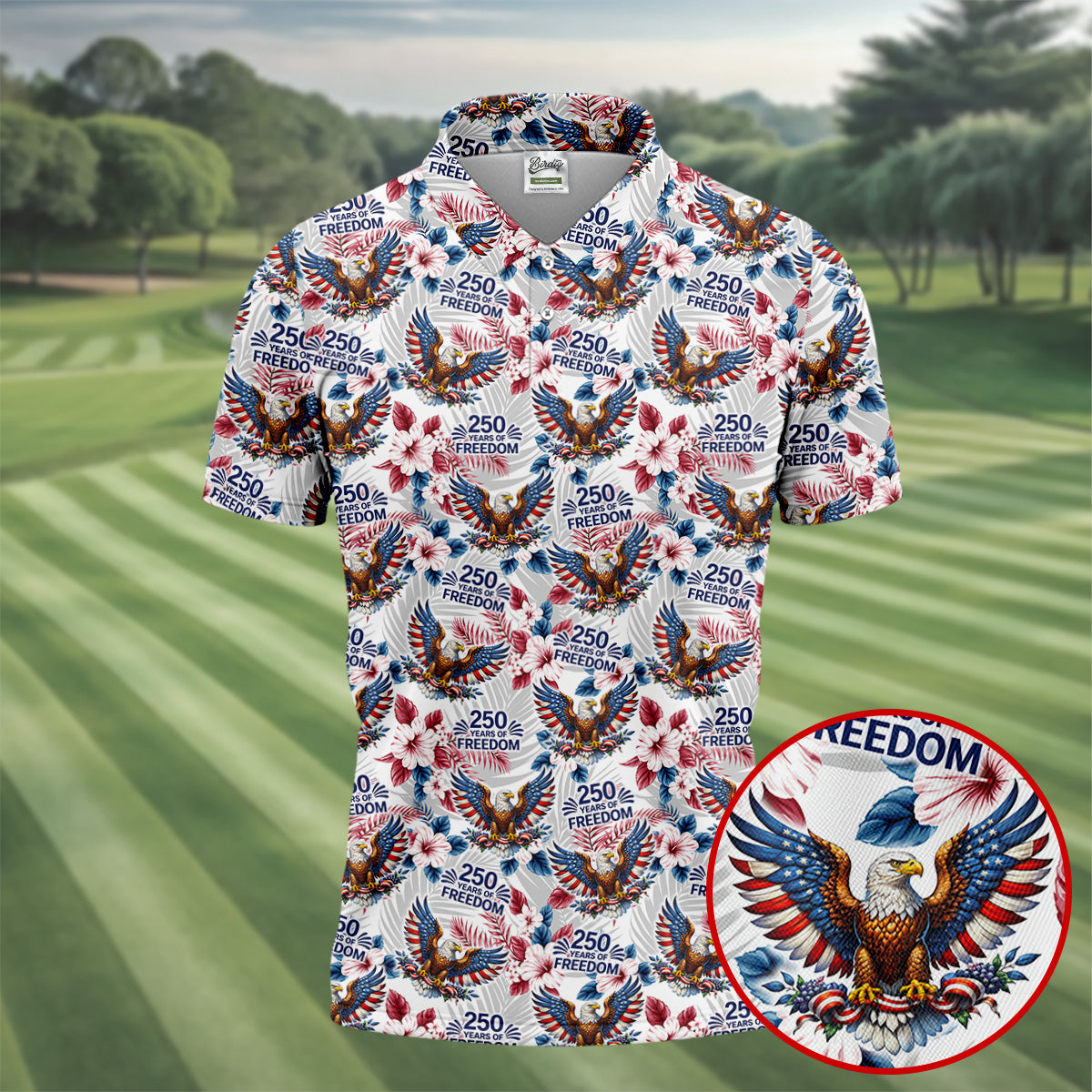 250 Years Of Freedom US Bald Eagle Tropical Theme Golf Tops For Men, Patriotic 4th Of July Golf Shirts For Men