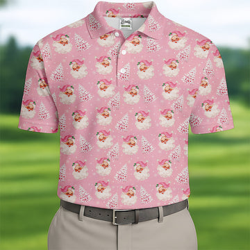 Pink Xmas Tree Santa Claus Pattern Christmas Golf Shirt, Polo Shirt Men, Golf Gift For Men