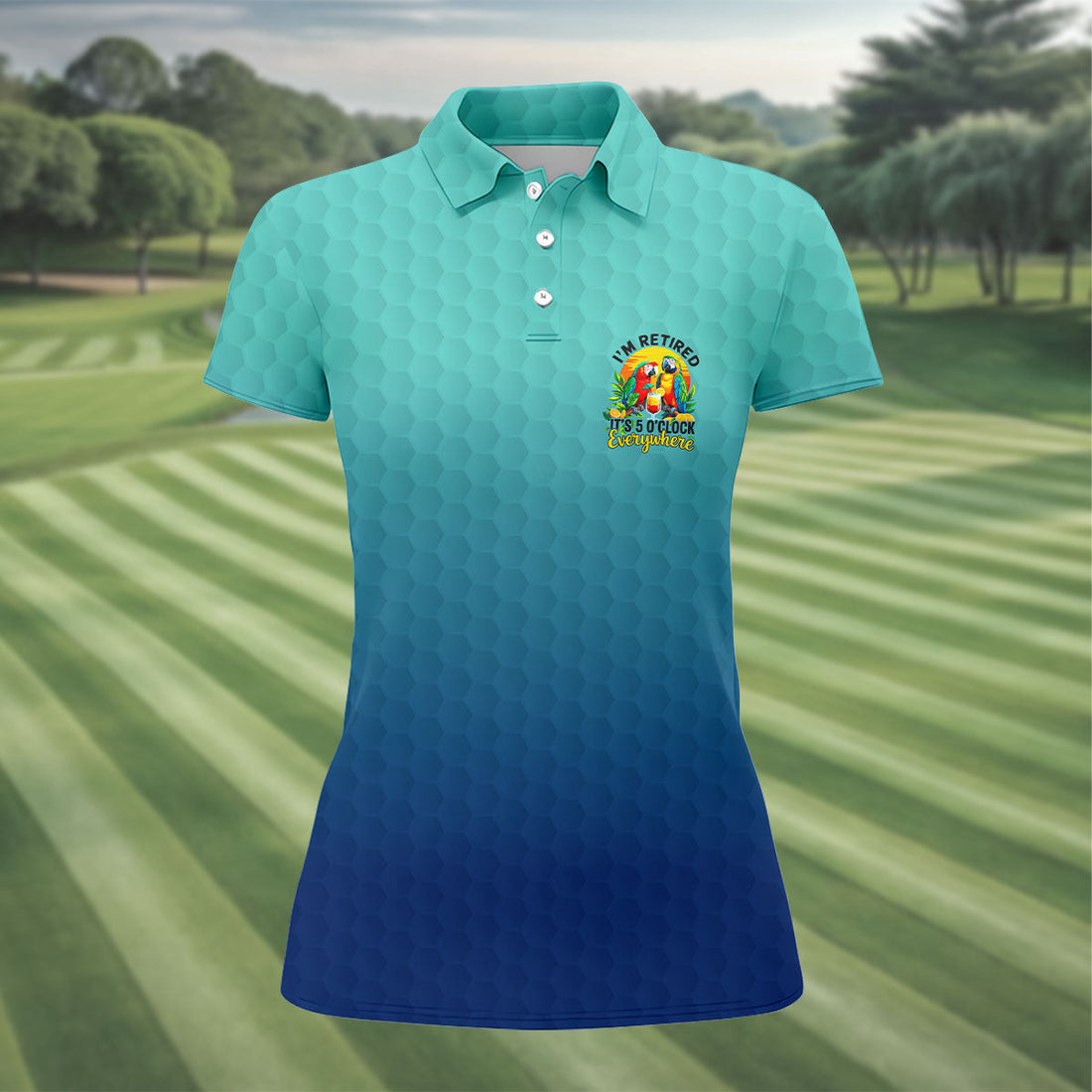Blue Tropical Parrot Retirement Golf Polo Shirt, Golf Tops For Women, Ladies Golf Top