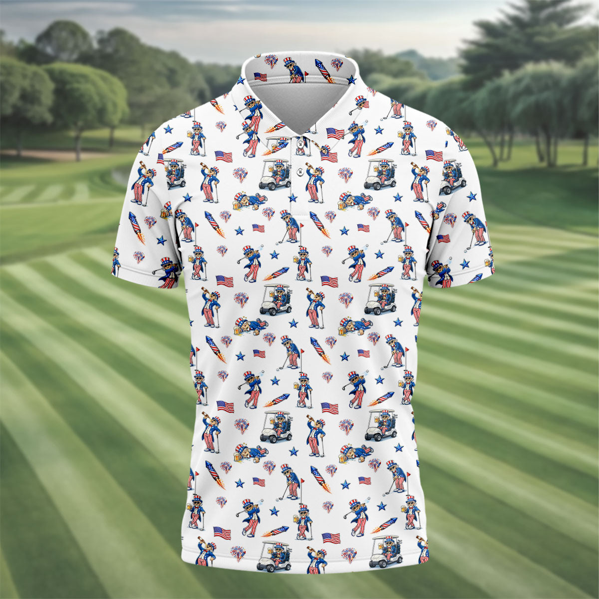 Patriotic Man Golf And Beer Funny 4th Of July White Golf Shirt, 250 Years Seamless Pattern Golf Shirts For Men