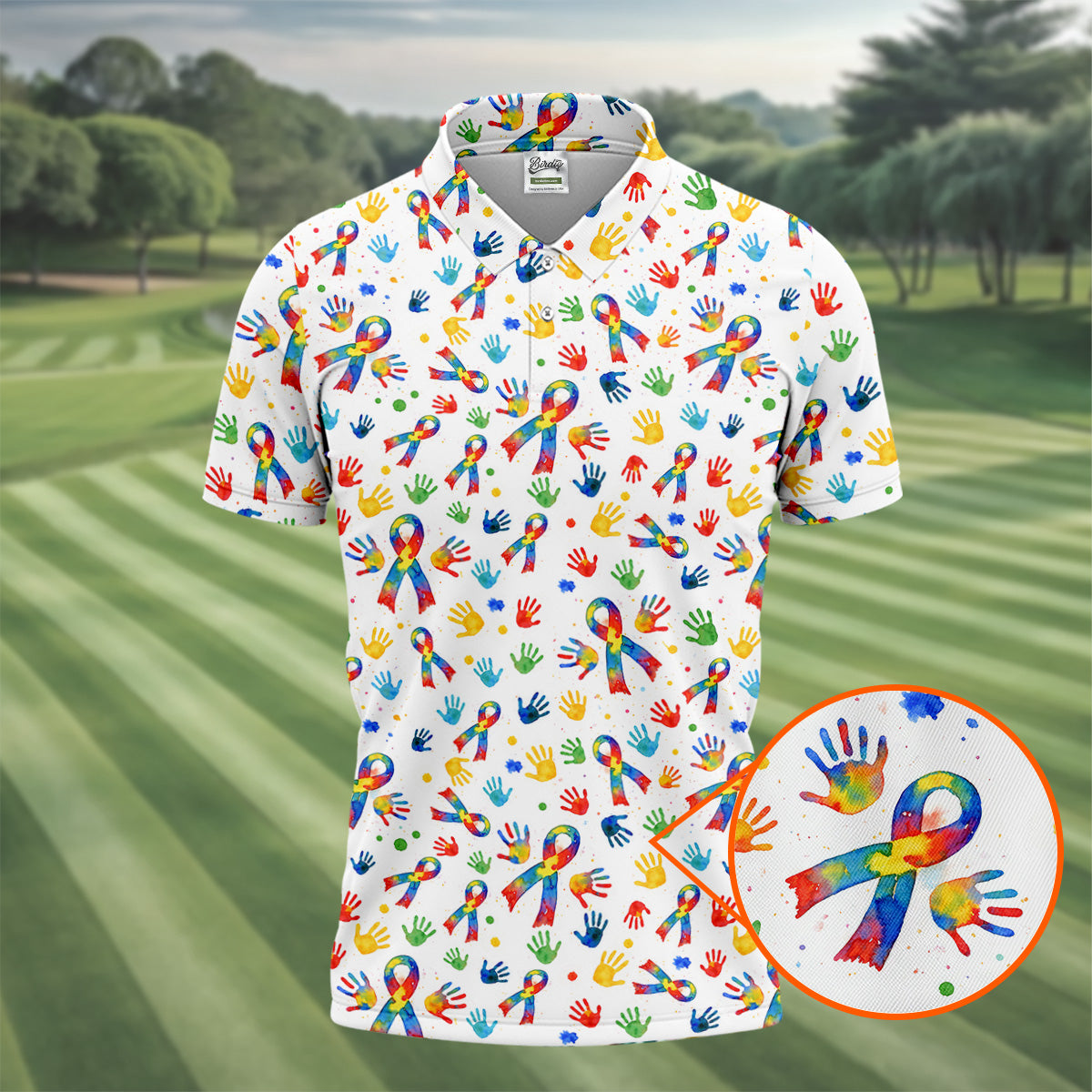 Colorful Handprints Autism Ribbon Golf Tops For Men, Autism Awareness Color Golf Shirts For Men