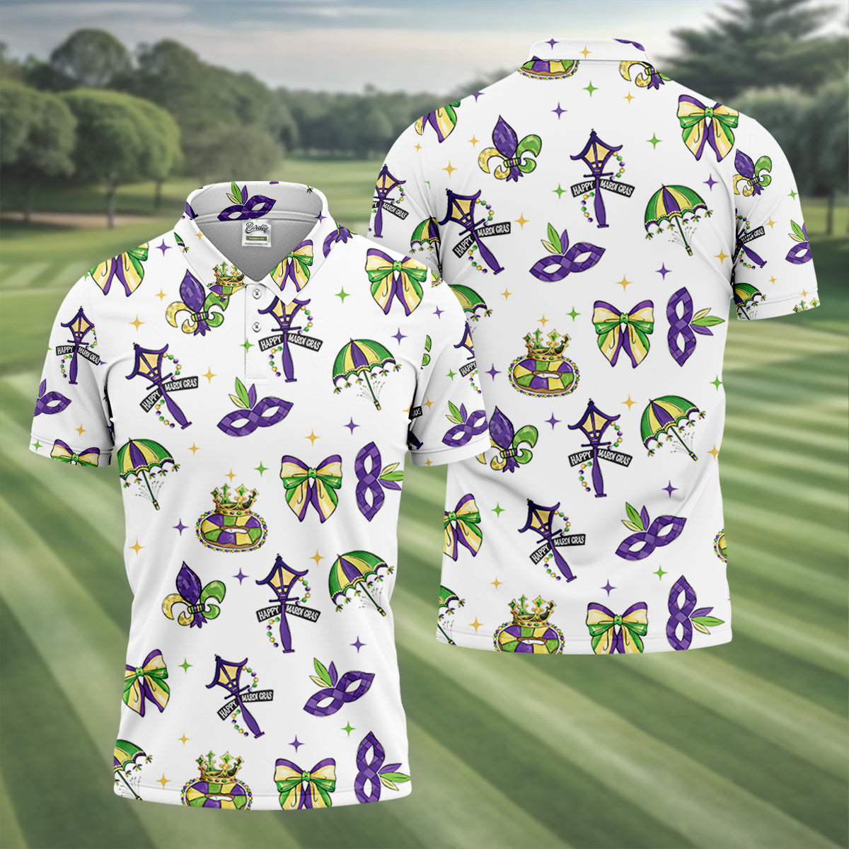 Fleur De Lis Carnival Masks Happy Mardi Gras White Golf Shirt, Polo ShirtFor Men, Golf Shirts For Men