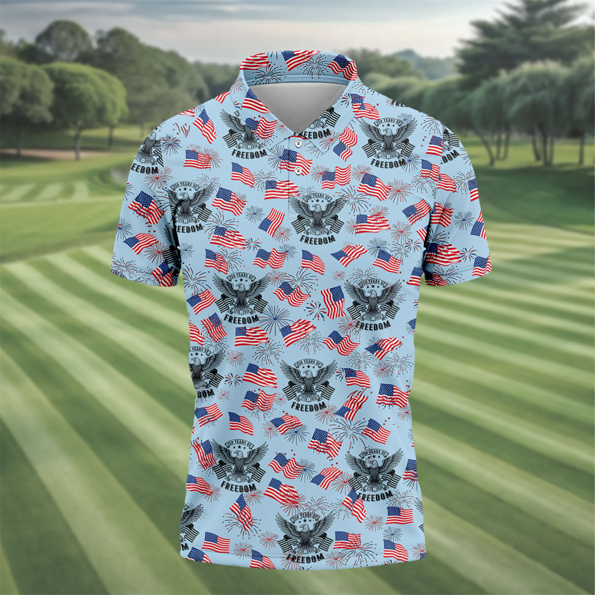 250 Years Of Freedom Festive Flag Vintage Blue Golf Shirt, Patriotic 4th Of July Golf Shirts For Men