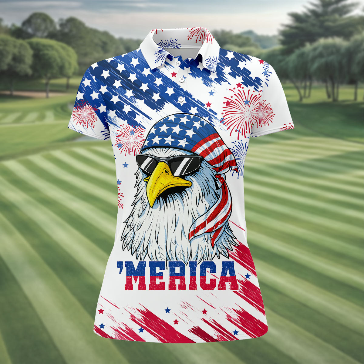 Cool Bald Eagle 4th Of July American Flag Pattern 4th Of July Women Golf Top, 250th Anniversary Patriotic Golf Shirt