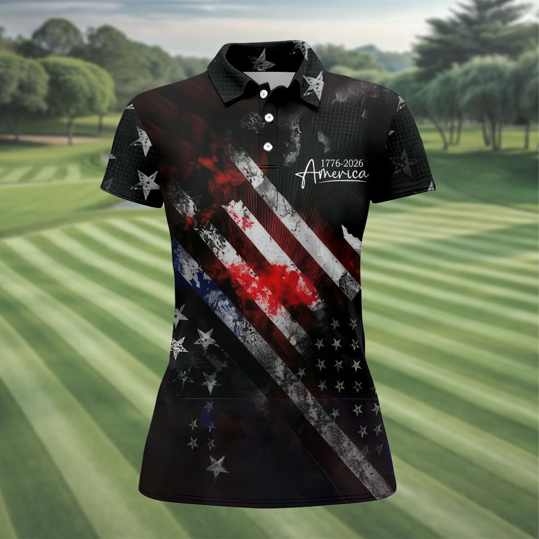 1776-2026 America Distressed Flag Black Golf Shirt, Patriotic 4th Of July Golf Shirt For Women