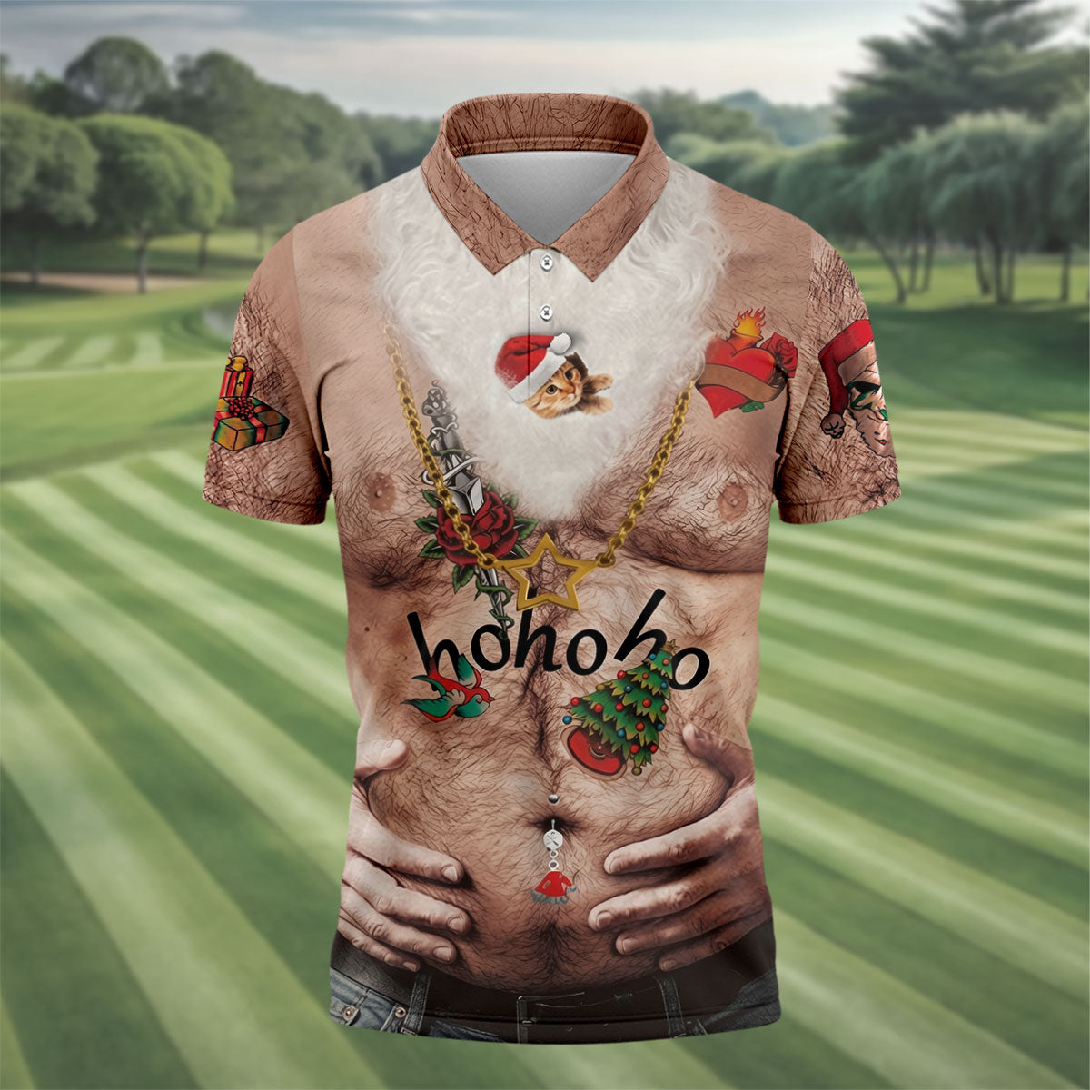 Men's Santa Beer Belly Costume Golf Shirt, Christmas Golf Shirt, Golf Apparel For Men