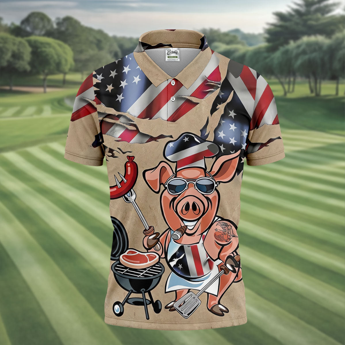 Patriotic American Flag Funny BBQ 250th Anniversary Dark Beige Polo ShirtFor Men, Golf Shirts For Men
