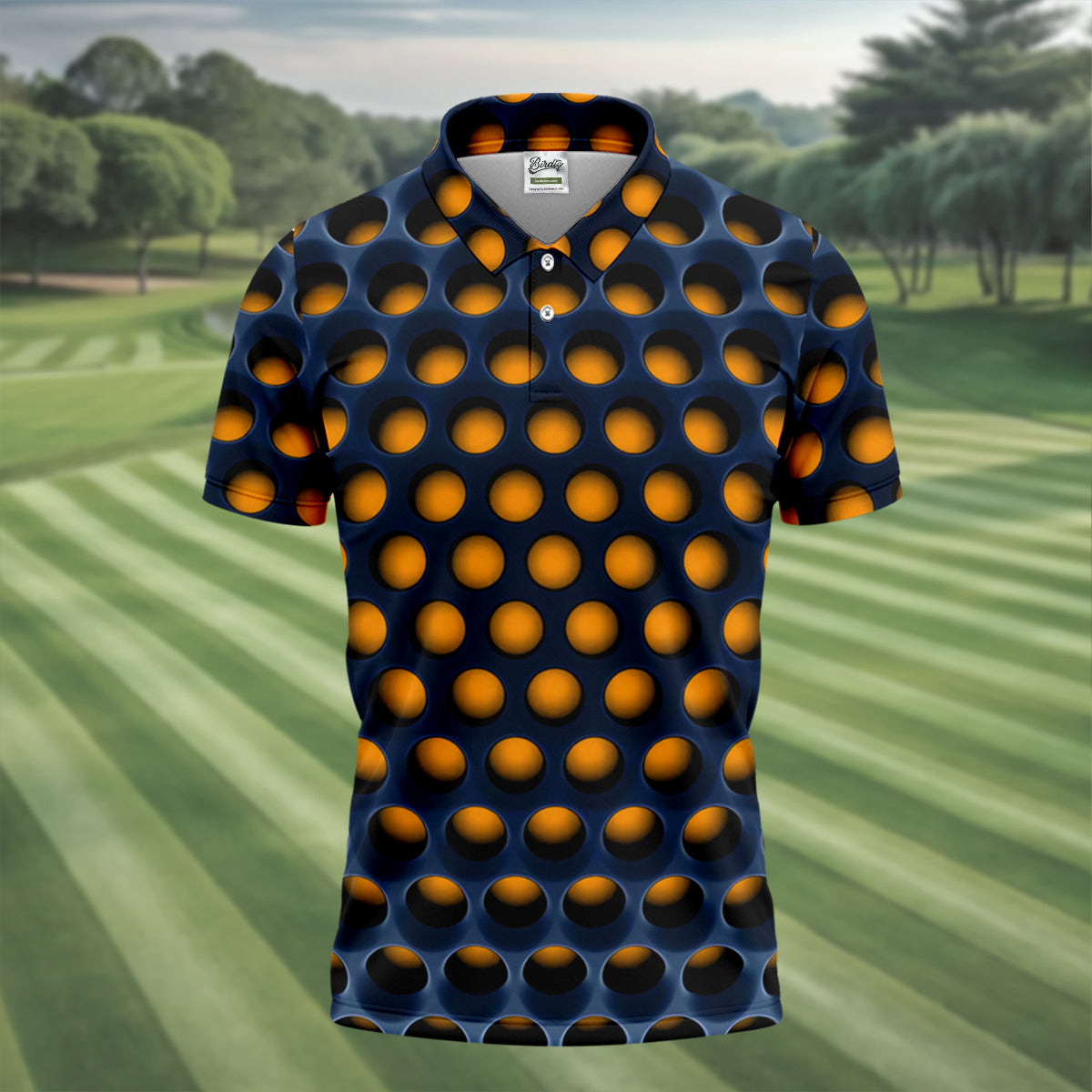 3D Effect Circular Pattern Orange Golf Shirt, Cool Golf Outfit, Men's Funny Golf Shirts, Polo Shirt Men