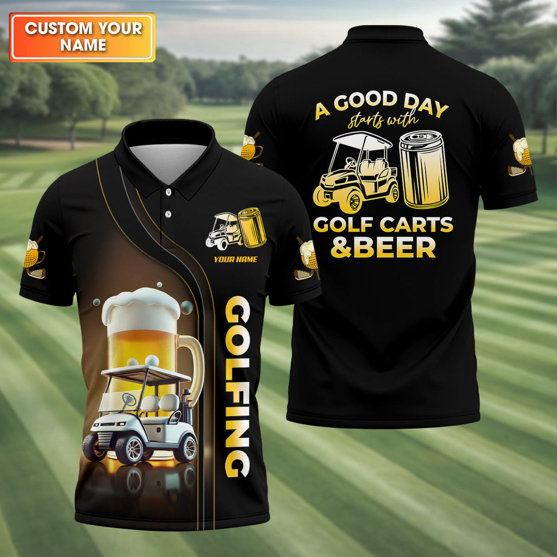 A Good Day Starts With Golf Carts And Beer Custom Men's Golf Polo ShirtFunny Golf Shirt, Dad Golf Gift