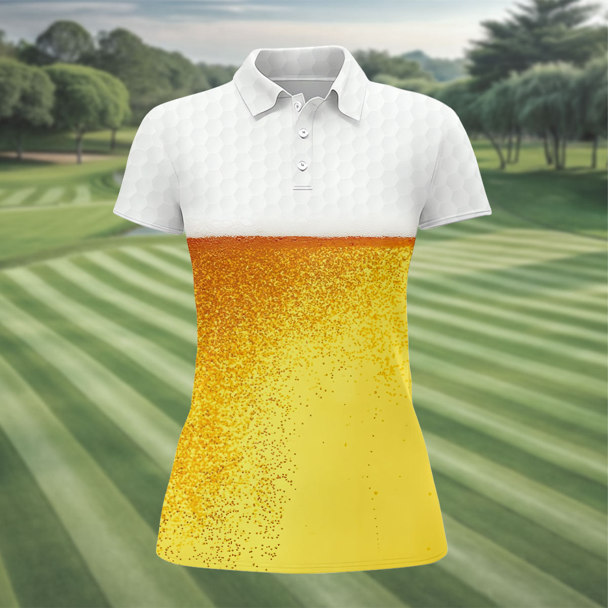 Cold Beer Print Golf Top, Beer Glass Pattern Design, Golf Shirts For Women