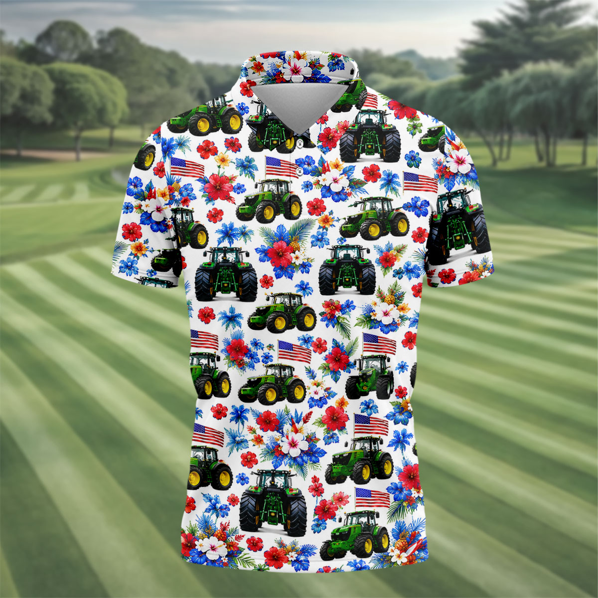 American Tractor Golf Shirt, Patriotic Wildflower Country Farm Pattern, Golf Shirt For Men