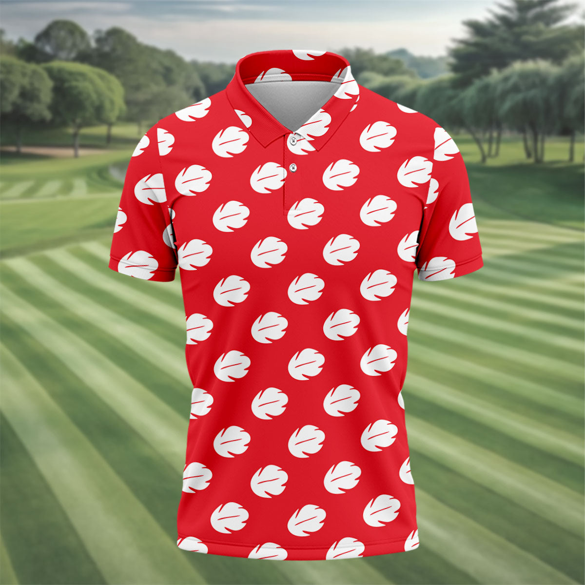 Red Tropical Leaf Hawaiian Golf Shirt, Mens Golf Polo, Golf Shirts For Men
