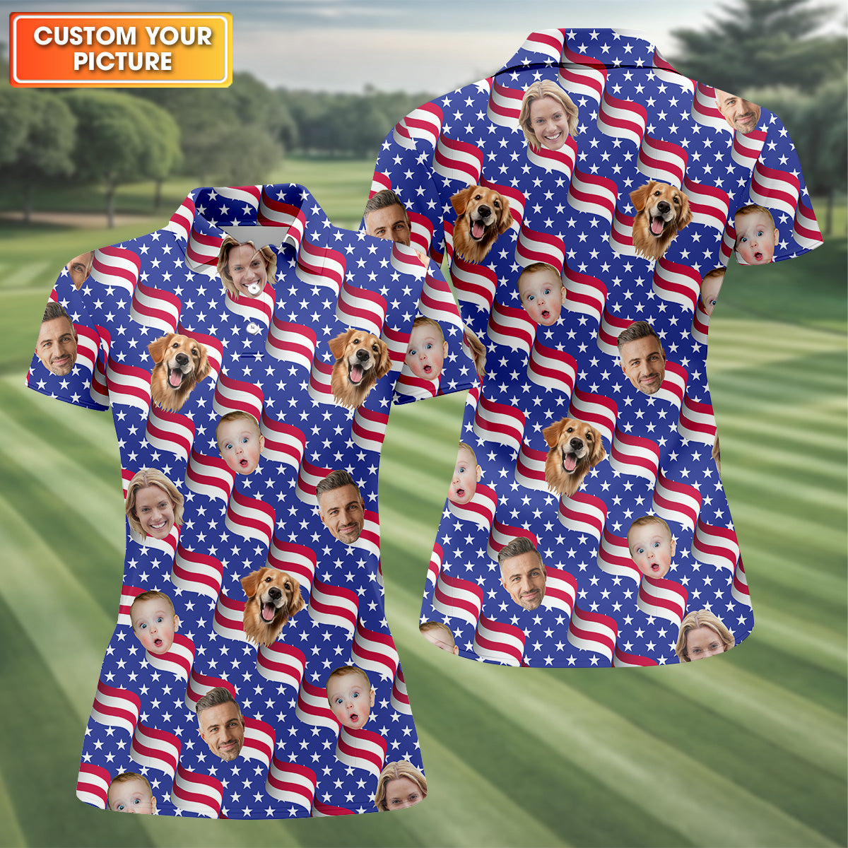 Women's Golf Polo ShirtAmerica Flag Golf Shirt For Ladies, Personalized Dog Shirts, Womens Golf Polo