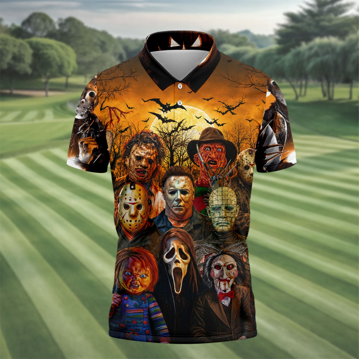Halloween Horror Character Hawaiian Golf Shirt, Mens Golf Shirts, Golf Apparel For Men