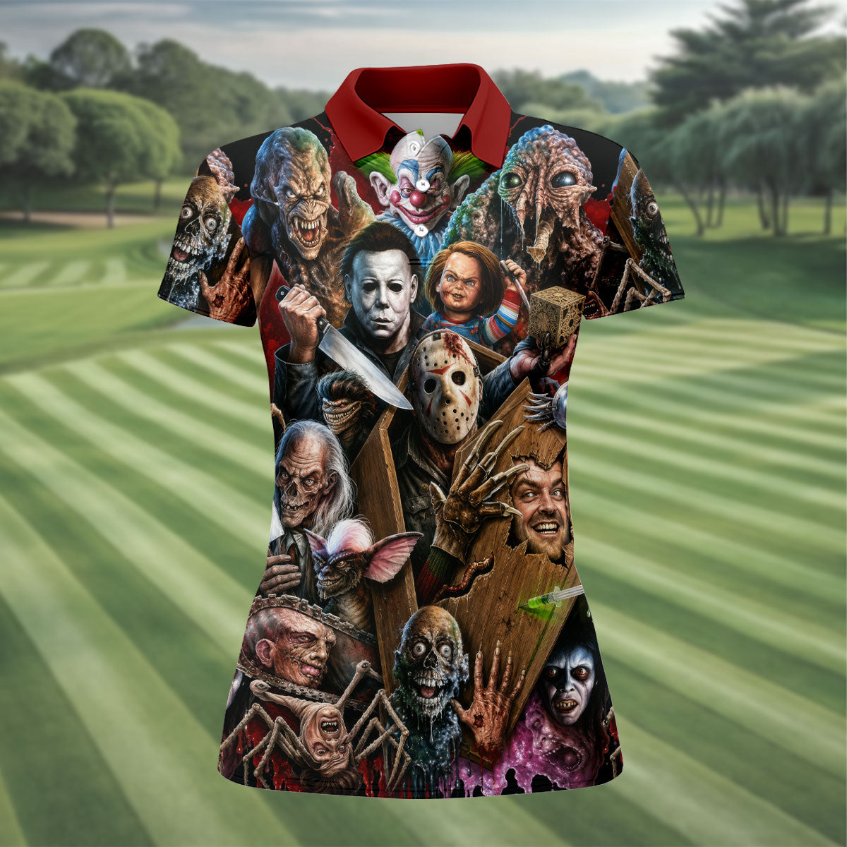 Classic Horror Character Halloween Golf Shirt, Women's Golf Apparel, Printed Golf Shirt