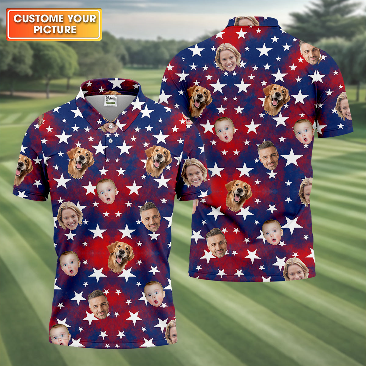 American Flag Personalized Face Shirts, Men's Golf Polo ShirtPatriotic Golf Polo Shirt4th Of July Shirt, Dad Golf Gift