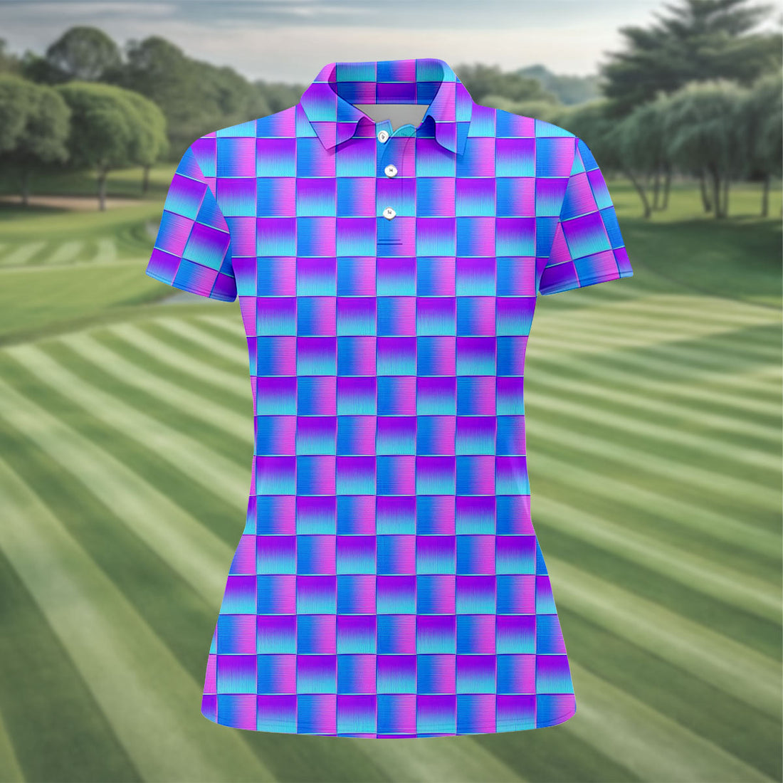 Purple Blue Gradient Checkered Pattern Golf Shirt, Ladies Golf Shirts, Women’s Golf Apparel, Printed Golf Shirt