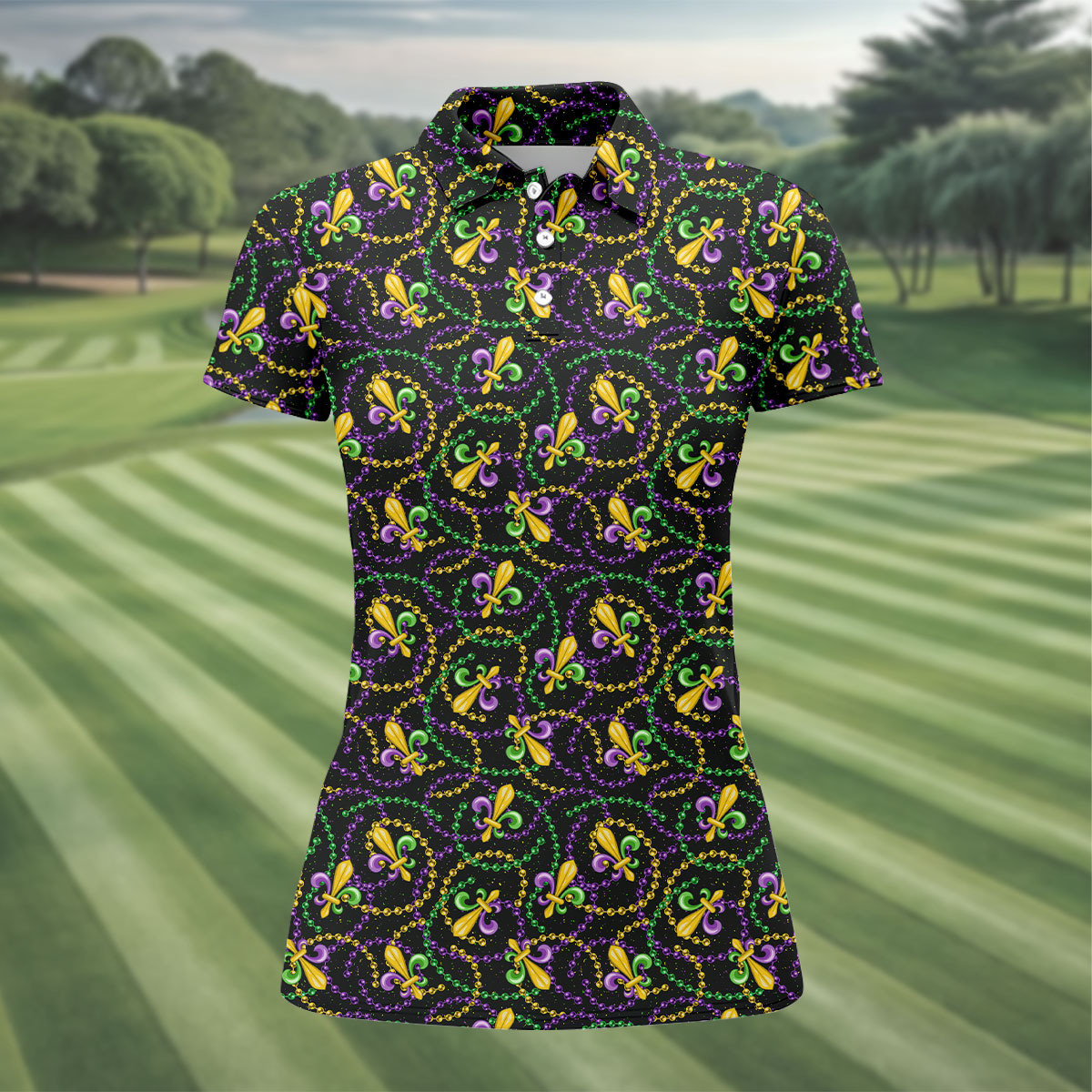 Mardi Gras Beads Purple Green Gold Fleur De Lis Women's Golf Tops, Ladies Golf Polos, Golf Shirt For Women