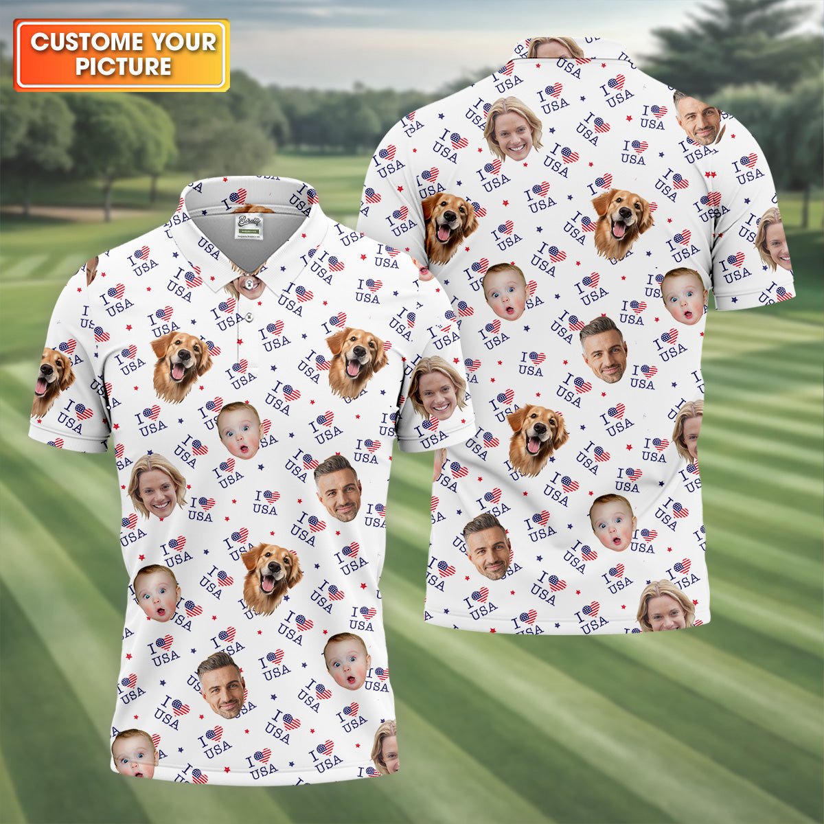 I Love USA Personalized Face Shirts, Men's Golf Polo ShirtPatriotic Golf Polo Shirt4th Of July Shirt, USA Golf Shirt
