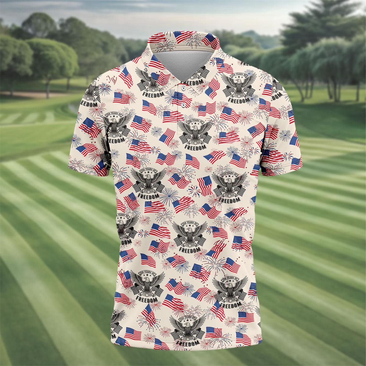 250 Years Of Freedom Festive Flag Vintage Beige Golf Shirt, Patriotic 4th Of July Golf Shirts For Men