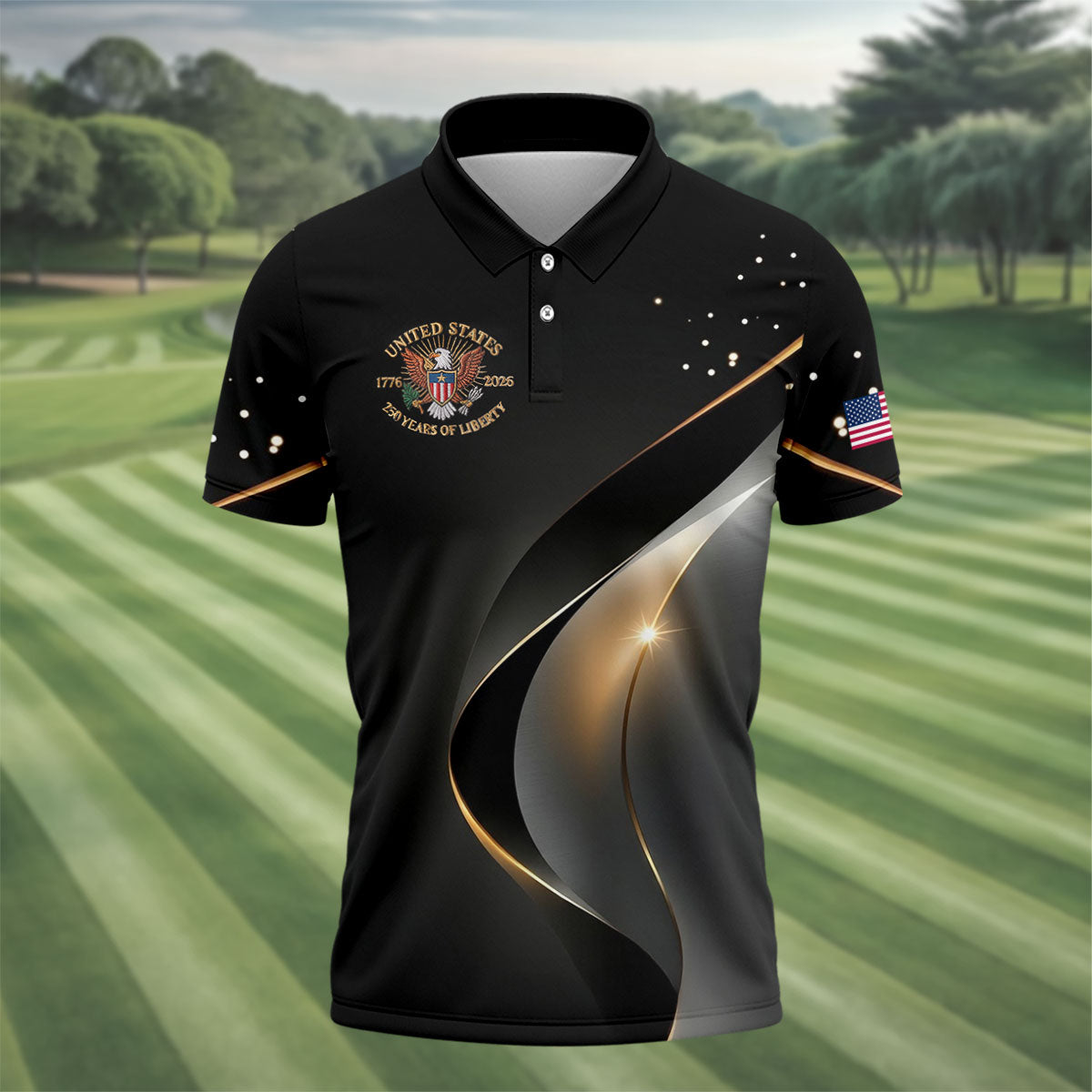 US 250 Years Of Liberty American Flag And Bald Eagle Black Golf Shirt, Patriotic 4th Of July Golf Shirts For Men