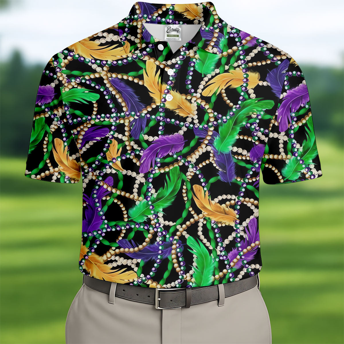 Purple Green Gold Feather Beads Mardi Gras Golf Shirt, Polo ShirtFor Men, Golf Shirts For Men