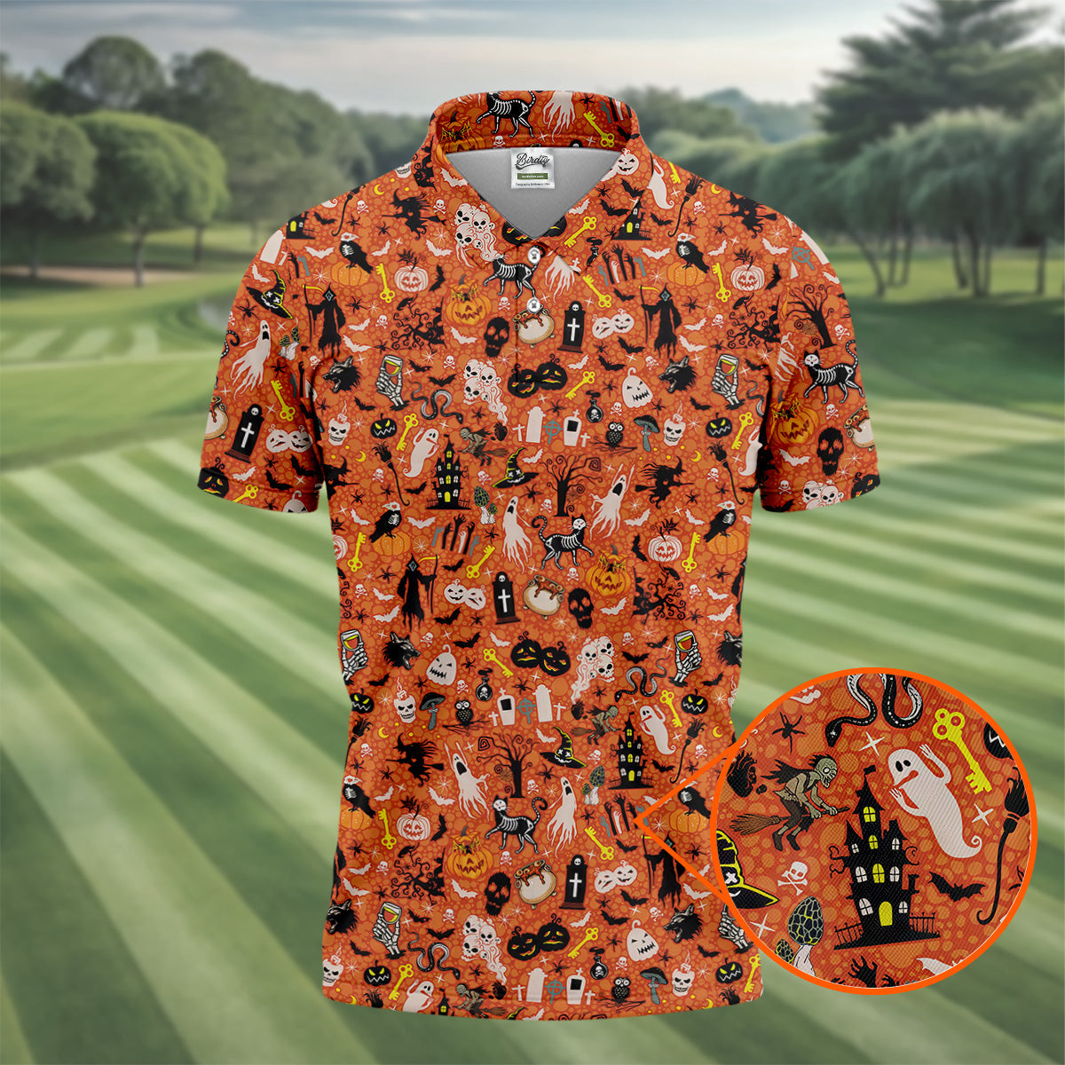 Halloween Skull Witch Cat Orange Golf Shirt, Funny Halloween Polo ShirtFor Men, Golf Gift For Men