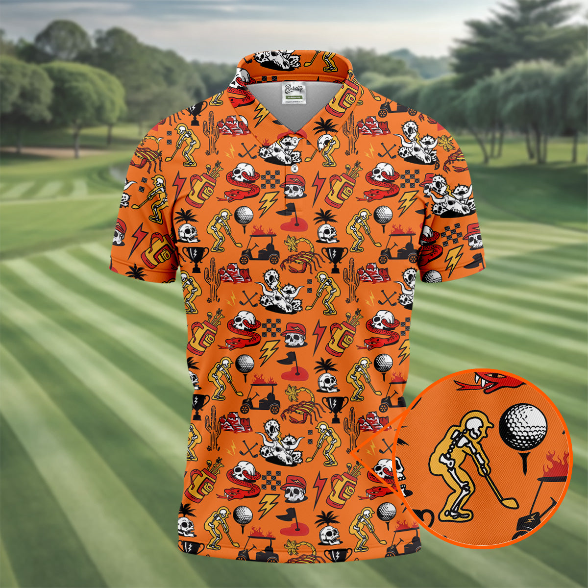 Horror Pattern Orange Halloween Golf Tops For Men, Fun Golf Shirts For Men, Halloween Gift Idea