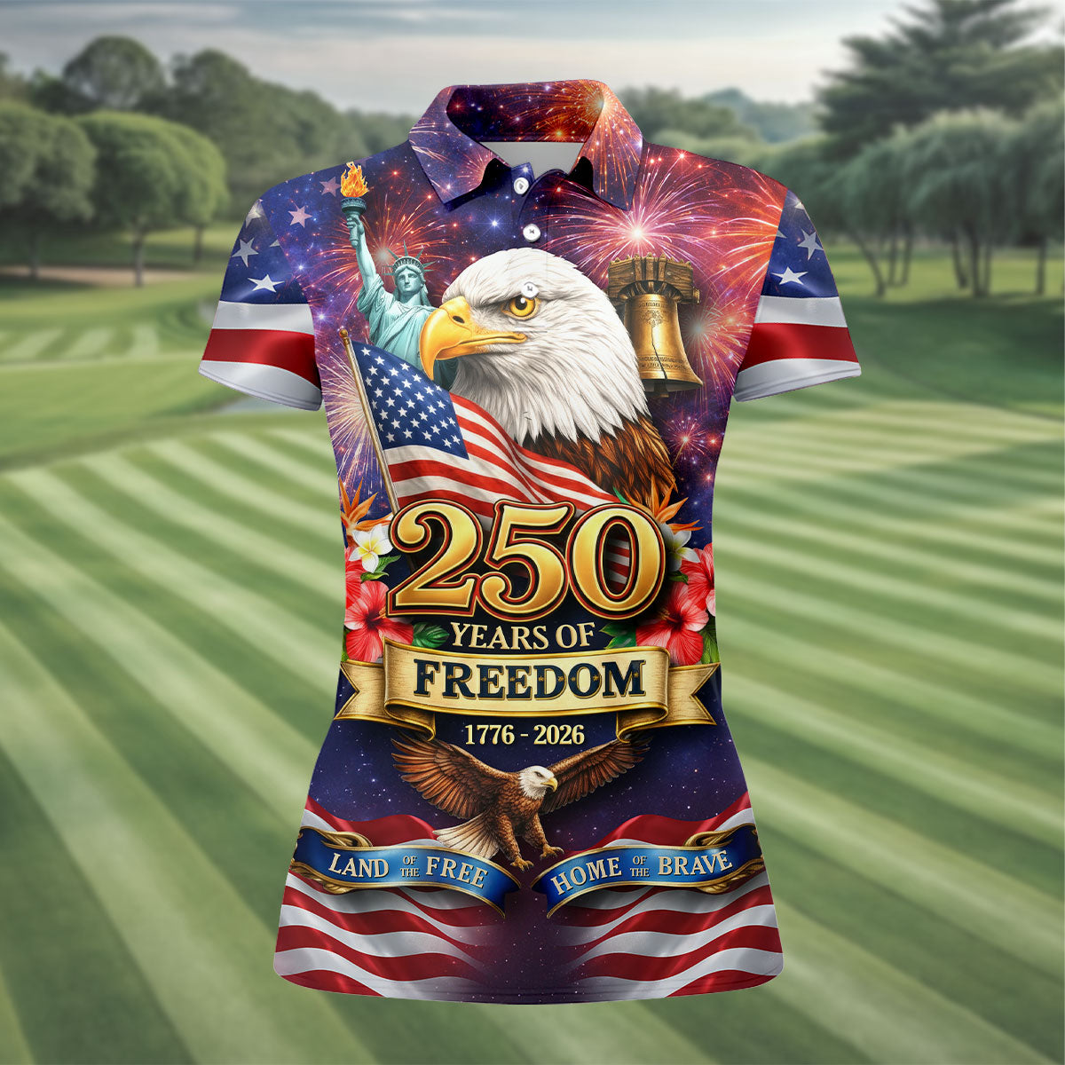 250 Years Of Freedom 1776-2026 Galaxy Pattern 4th Of July Women Golf Top, 250th Anniversary Patriotic Golf Shirt