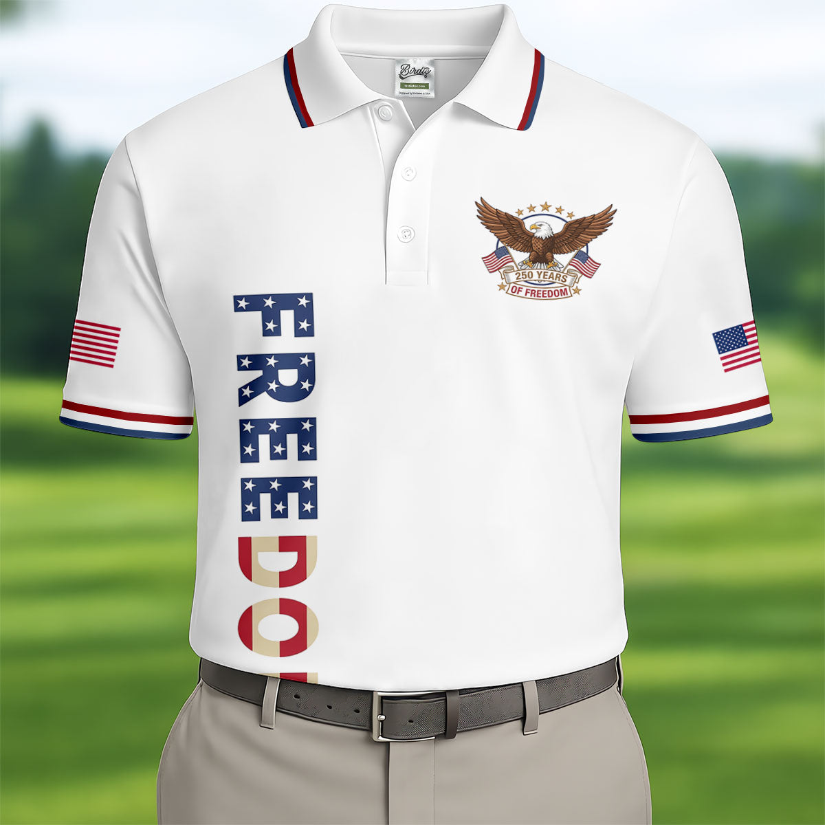 250 Years Of Freedom US Flag Logo White Golf Shirt, Patriotic 4th Of July Golf Shirts For Men