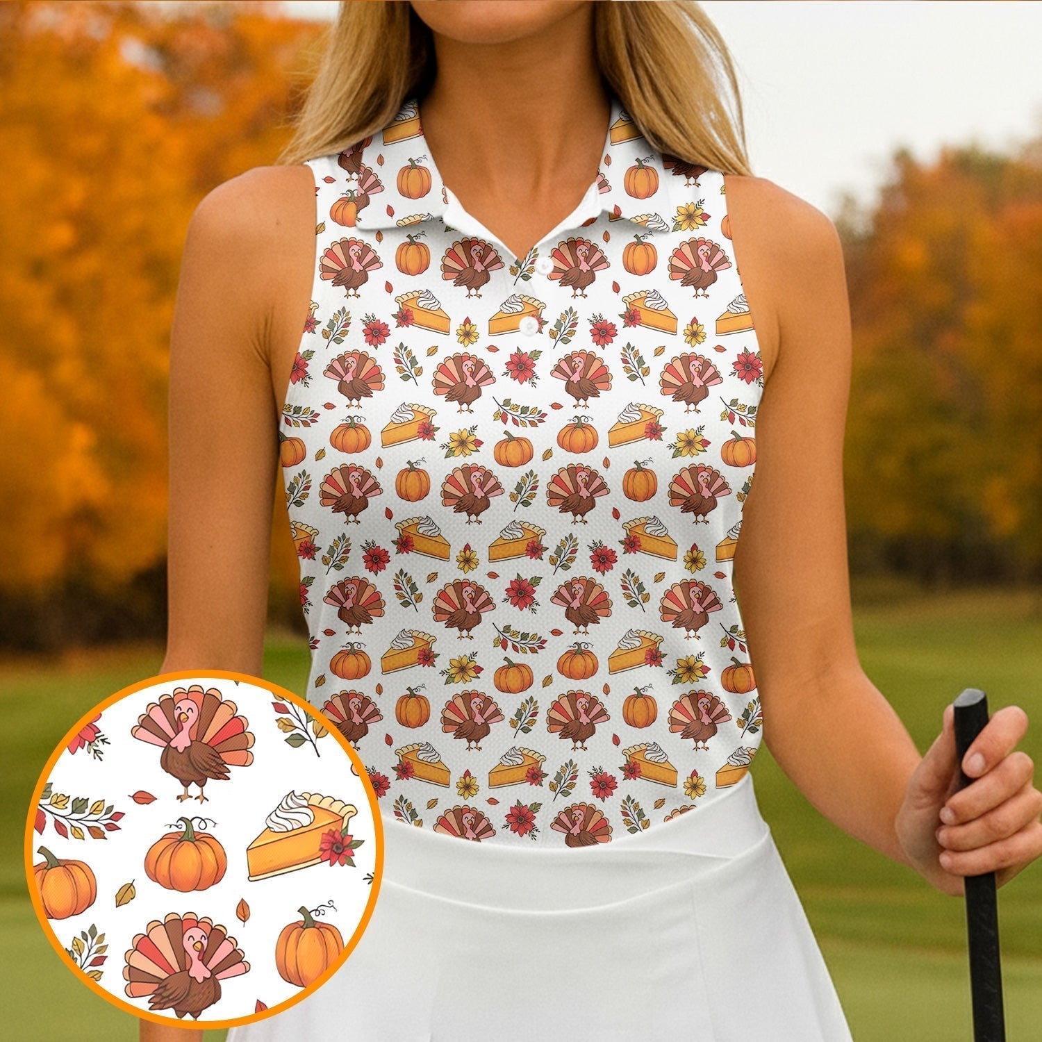 Cute Thanksgiving Turkey Pumpkin Pie Women's Golf Tops, Thanksgiving Golf Gift For Ladies, White Polo Women