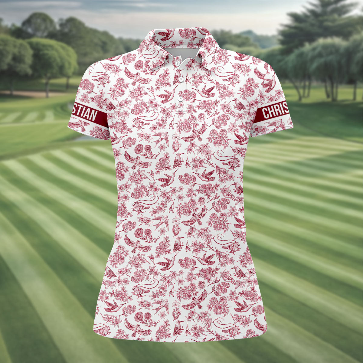 Custom Name Toile de Jouy Birds And Flowers White And Red Women Golf Top, Ladies Golf Polos