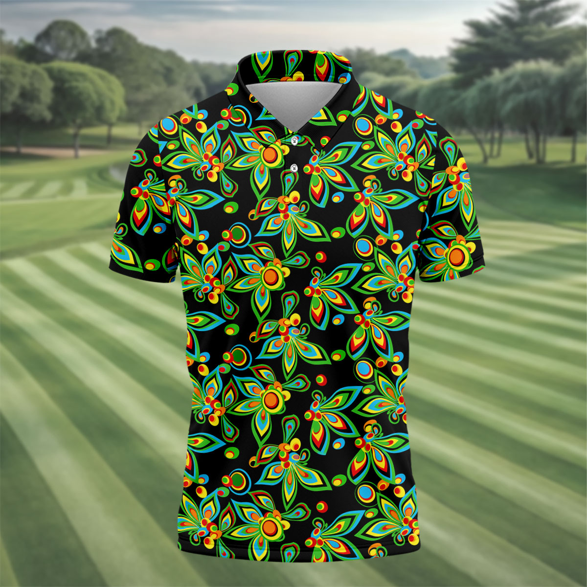 Black Colorful Floral Geometric Pattern Golf Shirt, Men's Golf Shirt, Golf Apparel For Men, Polo Shirts For Men