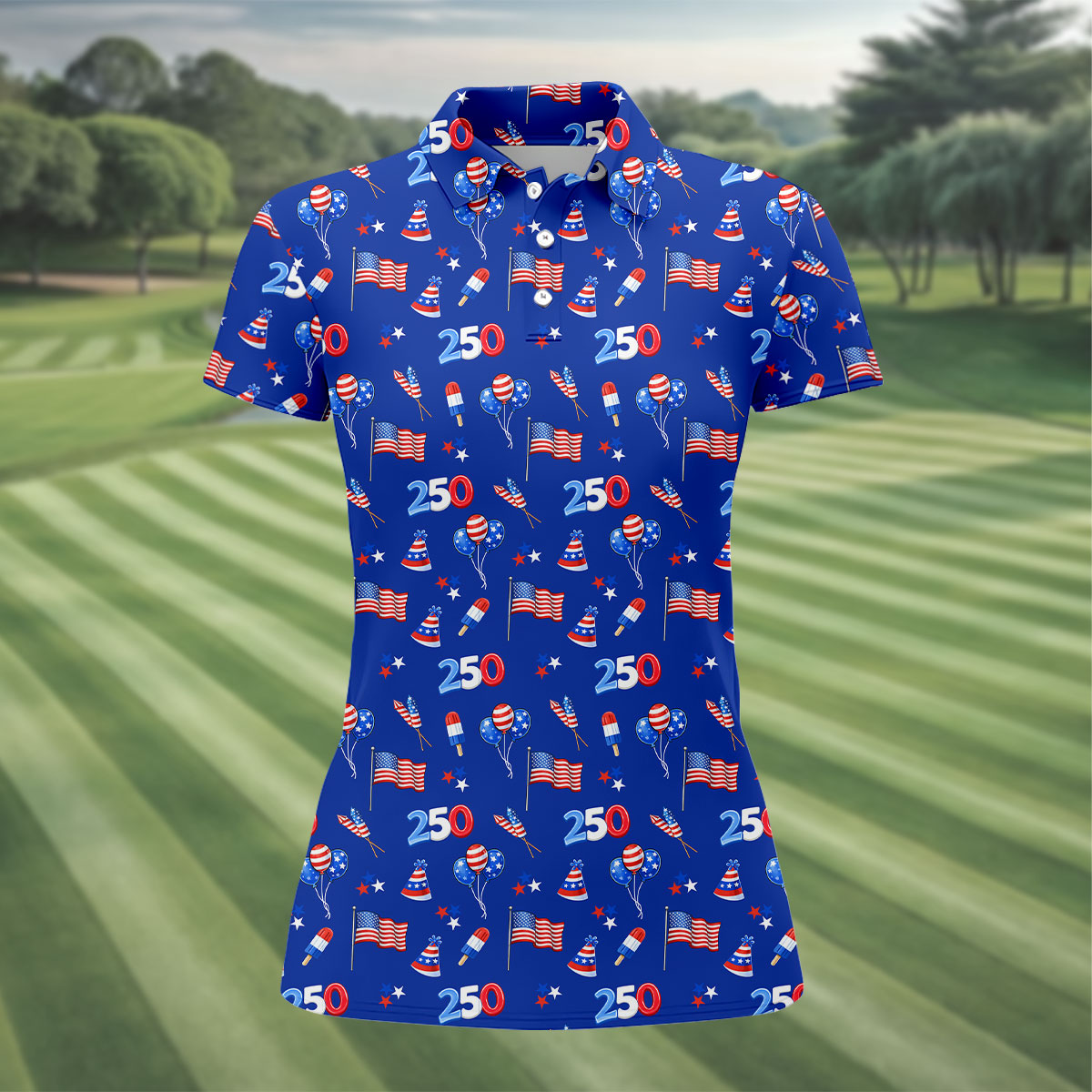 American Flags Balloon Hats Seamless Pattern 250th Anniversary Golf Shirt For Women, Patriotic Golf Shirt