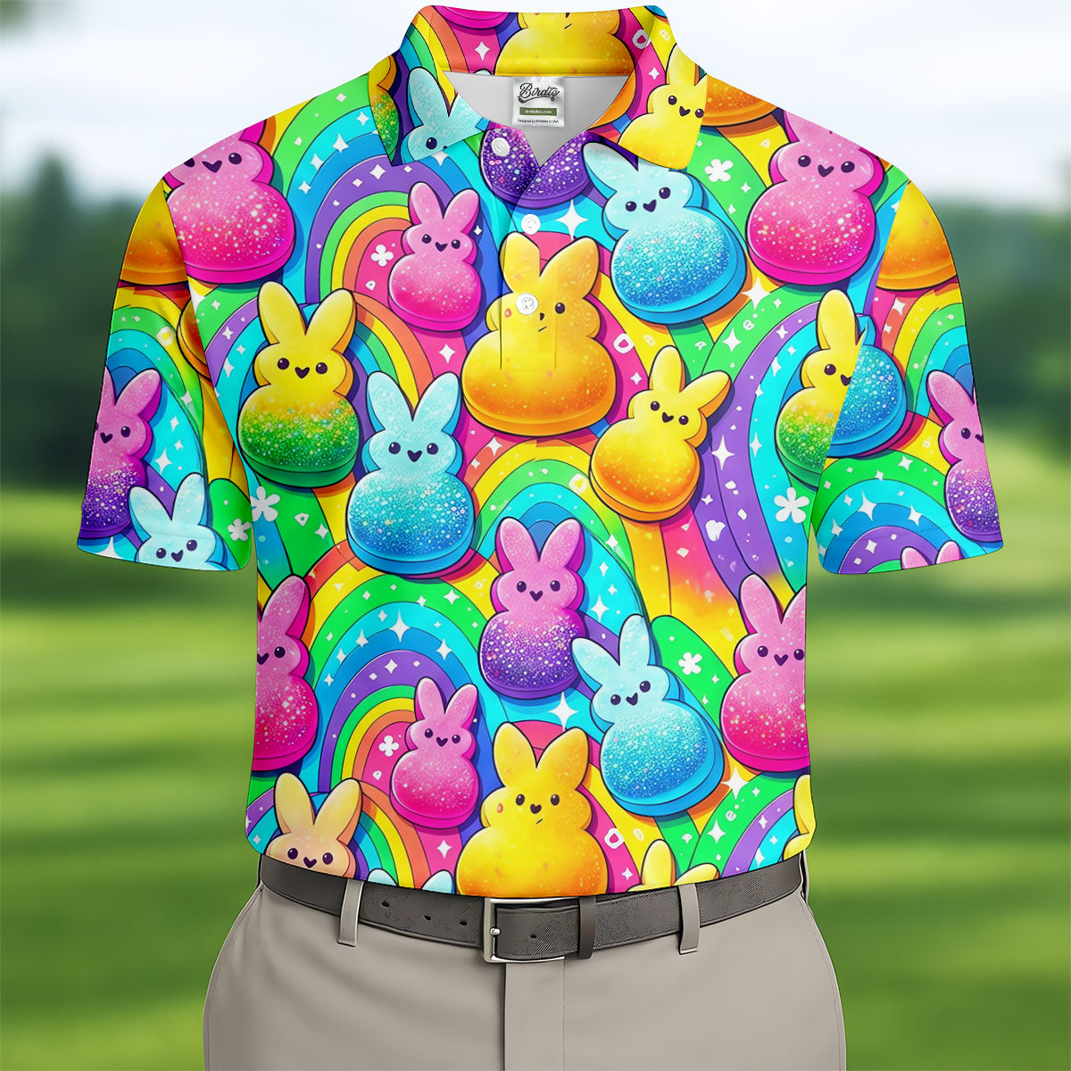 Colorful Easter Peeps Rainbow Pattern Golf Shirts For Men, Cute Golf Outfit, Polo ShirtFor Men