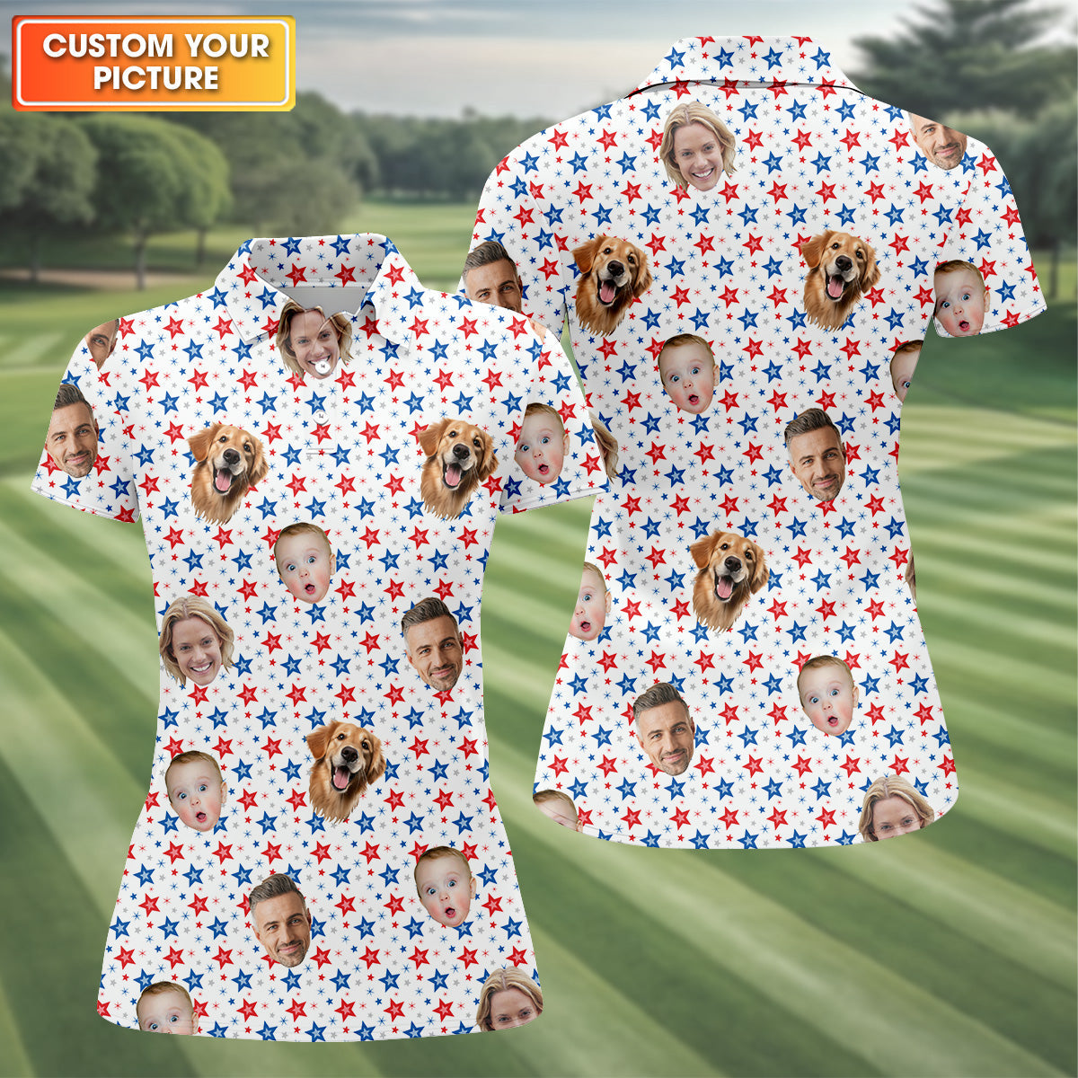 Family Portrait Golf Shirt, Patriotic Golf Shirt, USA Golf Shirt For Ladies, Women's Golf Polo Shirt