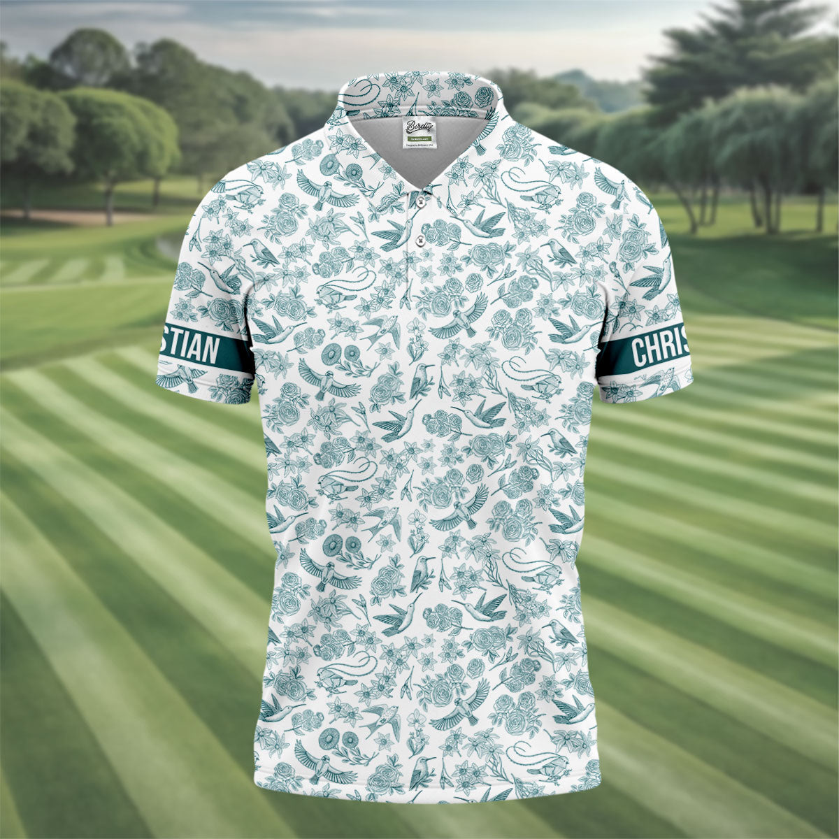 Custom Name Toile de Jouy Birds And Flowers Teal And White Polo ShirtFor Men, Golf Gift For Men