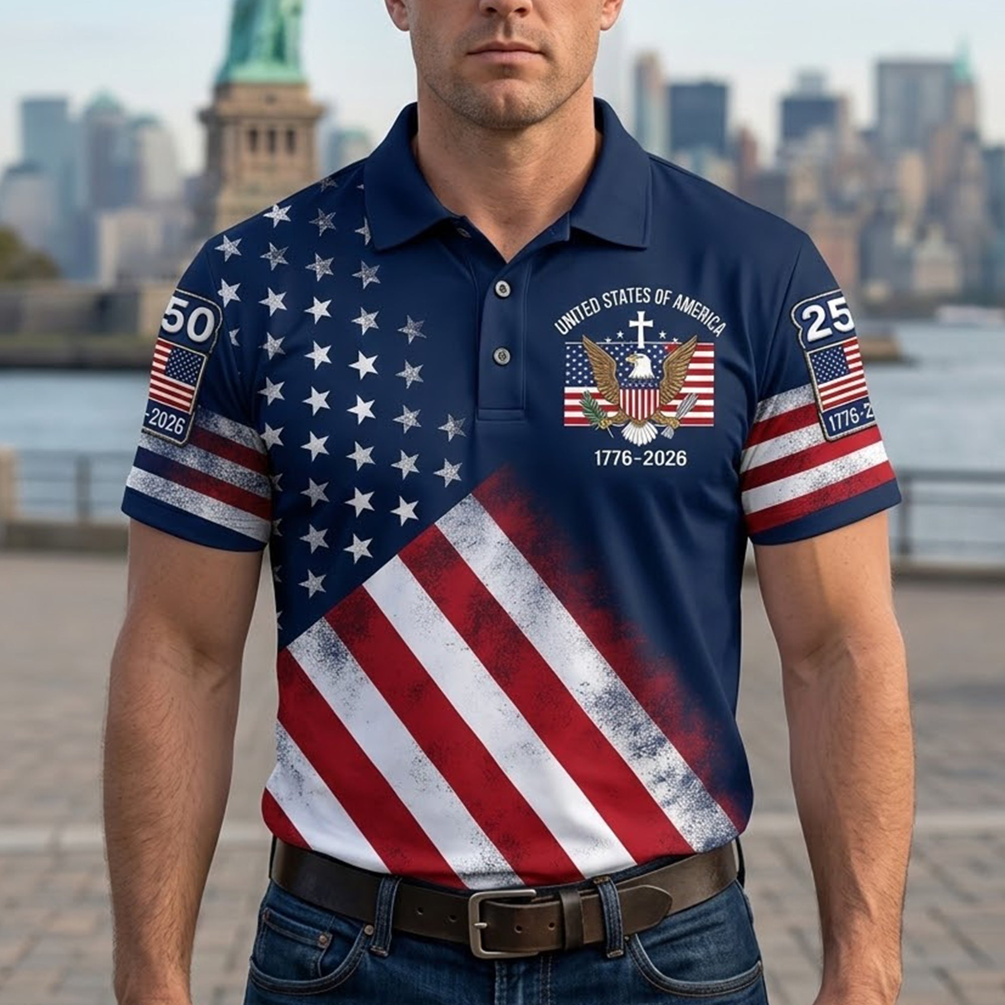 US Bald Eagle Distressed Flag 250 Faith Cross Golf Tops For Men, Patriotic 4th Of July Golf Shirts For Men