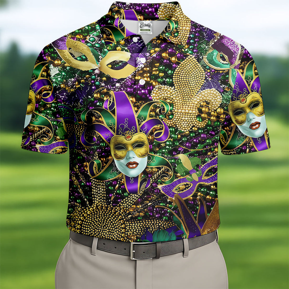 Jester Mask Purple Green Gold Fleur De Lis Beads Mardi Gras Golf Shirt, Golf Shirts For Men, Polo ShirtFor Men
