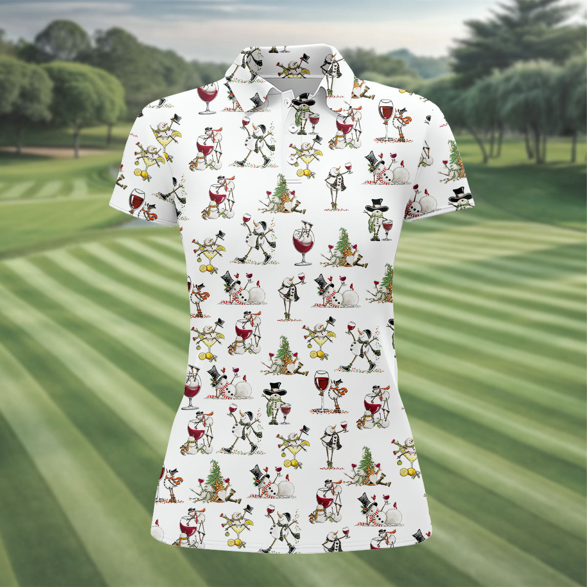 Funny Snowman Drinking Wine White Golf Shirt, Christmas Golf Shirt, Women's Golf Tops, Ladies Golf Shirts