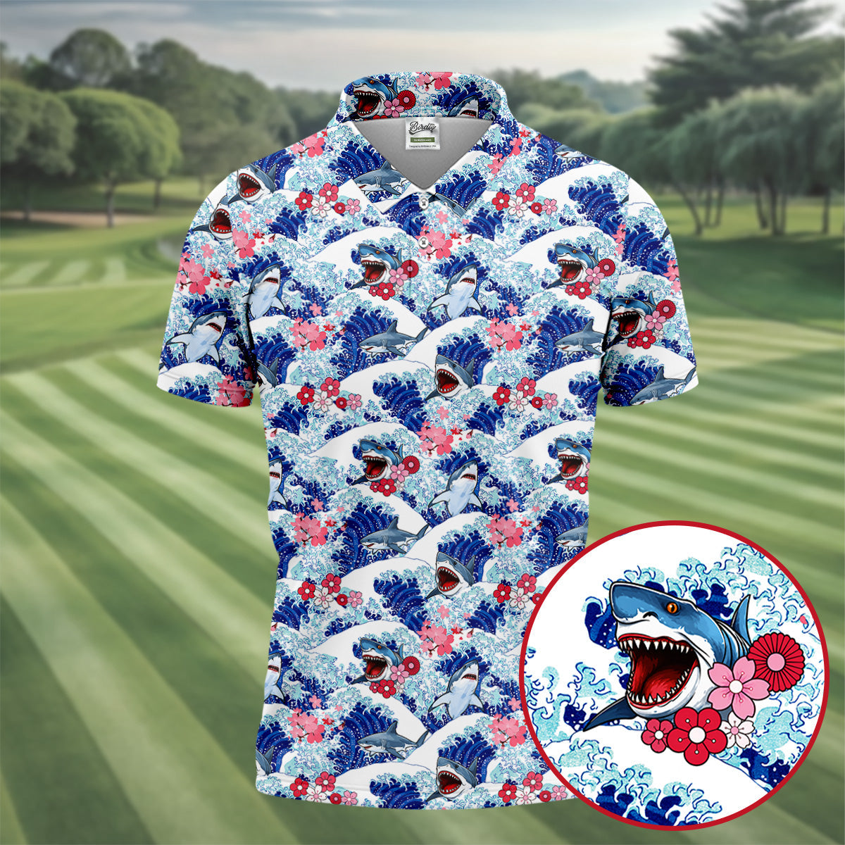 Funny Shark Japanese Wave Hawaiian Golf Shirt, Men's Golf Shirt, Polo Shirts For Men