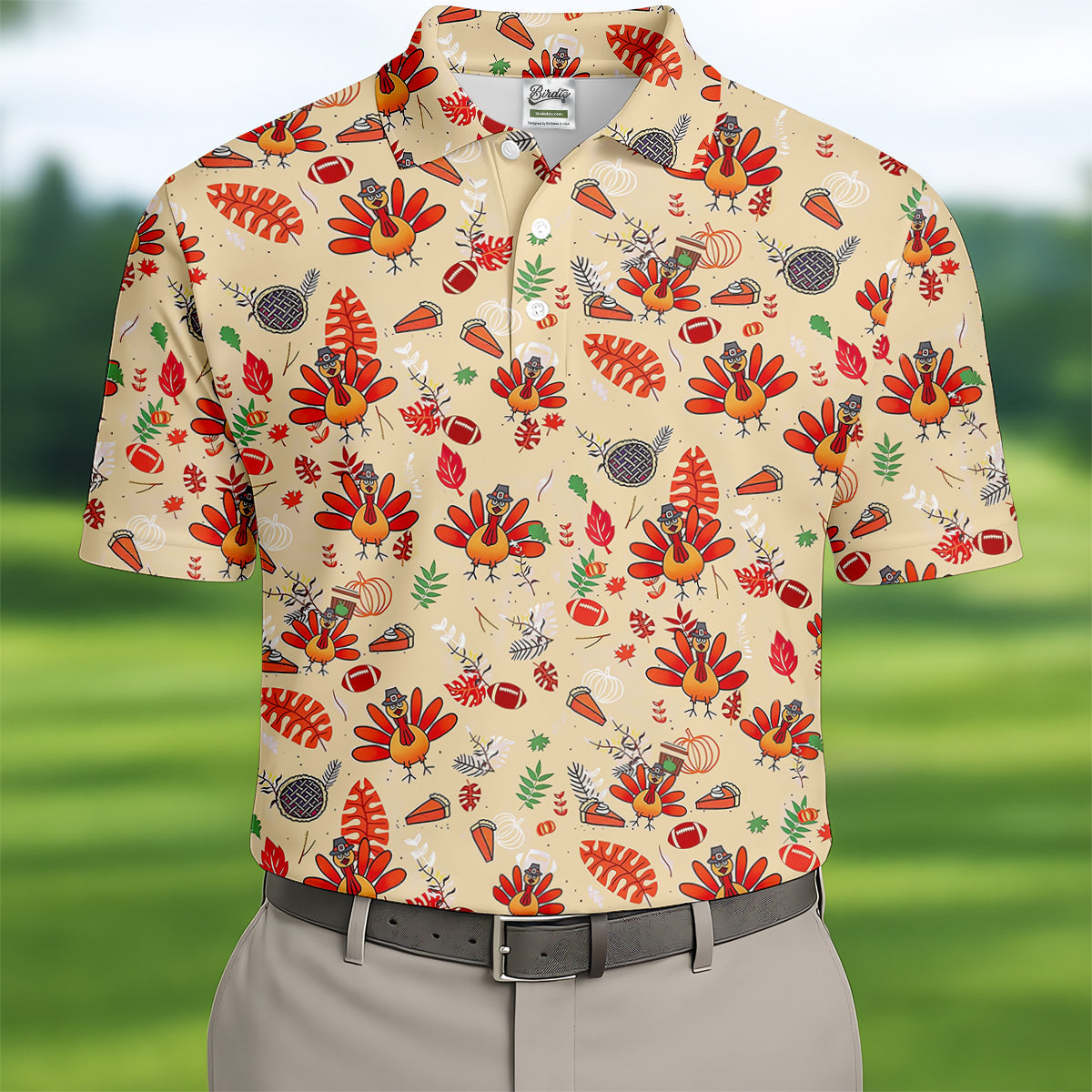 Funny Turkey Hawaiian Pattern Thanksgiving Golf Tops For Men, Fun Golf Shirts For Men, Polo ShirtFor Men