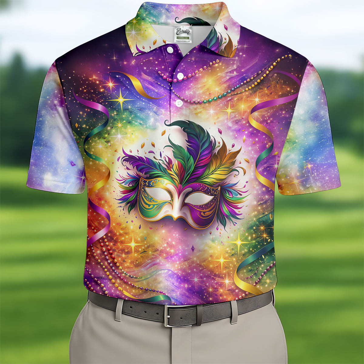 Carnival Mask Feather Print Purple Green Gold Dazzling Effect Mardi Gras Polo ShirtFor Men, Golf Shirts For Men
